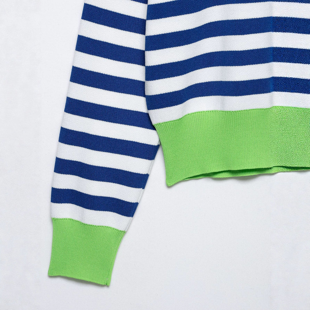 Damen Gestreifter Polo‑Pullover mit V‑Ausschnitt, weitem Rumpf und kontrastierenden Bündchen Nord Taschen