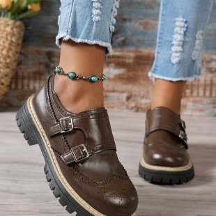 Damen nan Brogue-Monk-Slipper mit doppeltem Schnallenverschluss, gesteppter Kante und grober Profilsohle Nord Taschen
