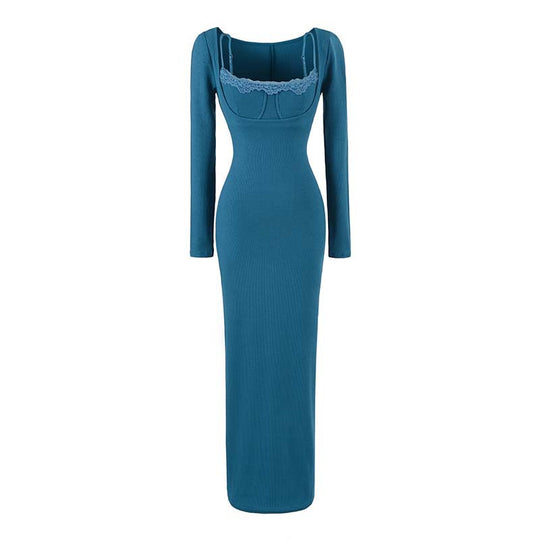 Damen Figurbetontes Maxi-Kleid mit Korsett-Detail, Rippstrick und langen Ärmeln Nord Taschen