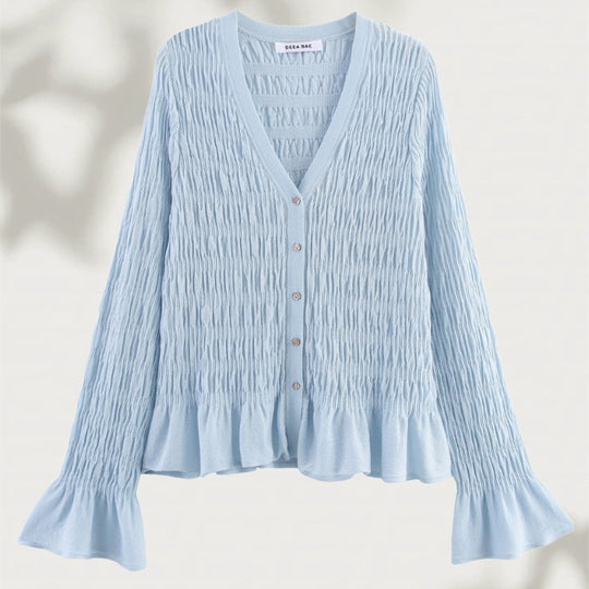 Damen geraffte Smock-Cardigan mit V-Ausschnitt und Volantärmeln Nord Taschen