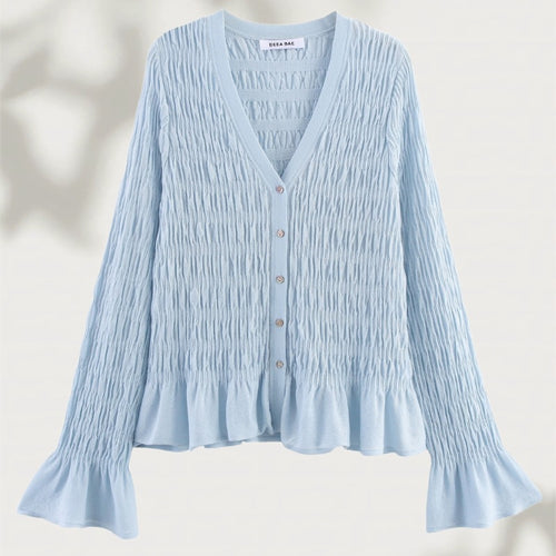 Damen geraffte Smock-Cardigan mit V-Ausschnitt und Volantärmeln Nord Taschen
