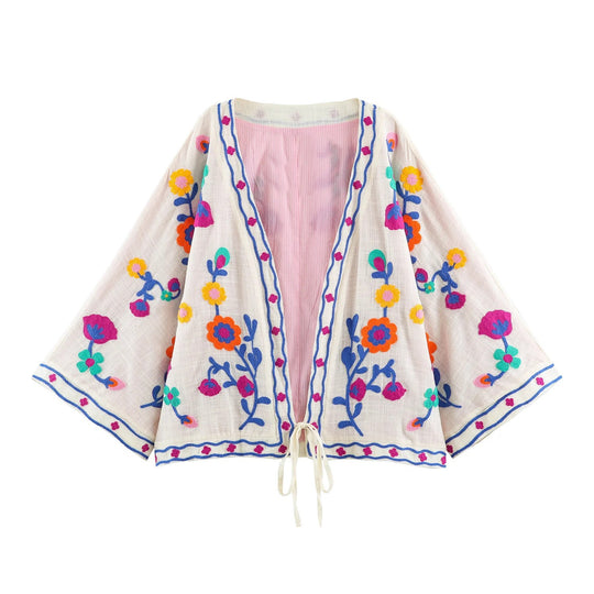 Damen bestickter Kimono-Cardigan mit floraler Stickerei Nord Taschen