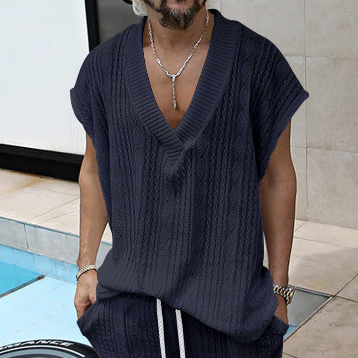 Herren lässiges Strick-T-Shirt mit V-Ausschnitt und oversized Schnitt