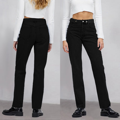 Damen Hochtaillierte gerade geschnittene Jeans aus rigid Denim mit rohem Saum Nord Taschen