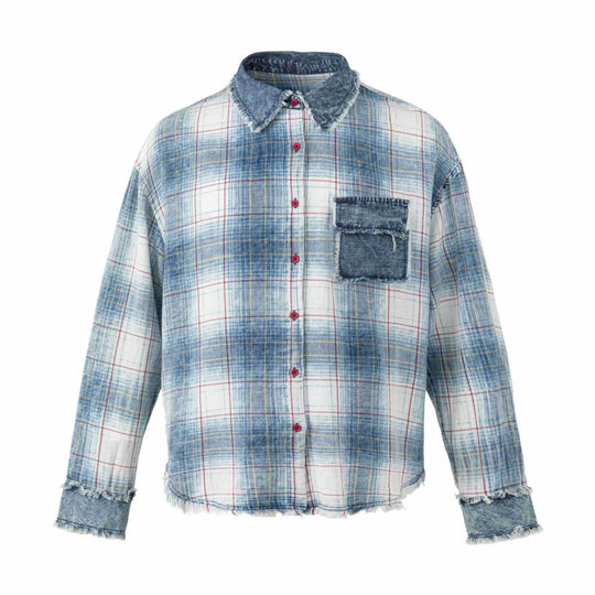 Damen Oversize kariertes Hemdjacke mit Denim-Applikationen und ausgefransten Kanten Nord Taschen