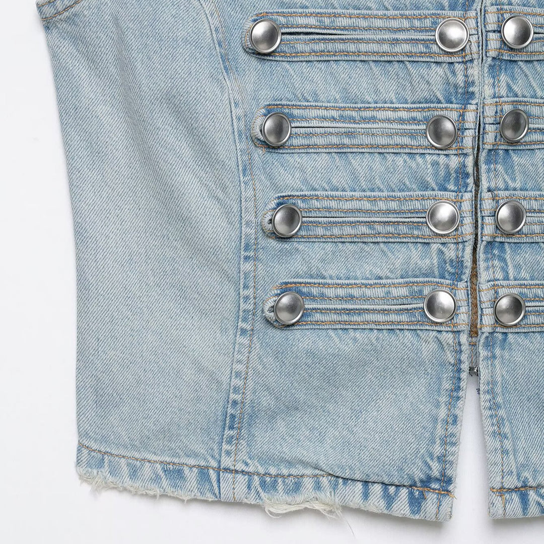 Damen Jeansweste im Military-Look mit Stehkragen und dekorativer Druckknopfleiste Nord Taschen