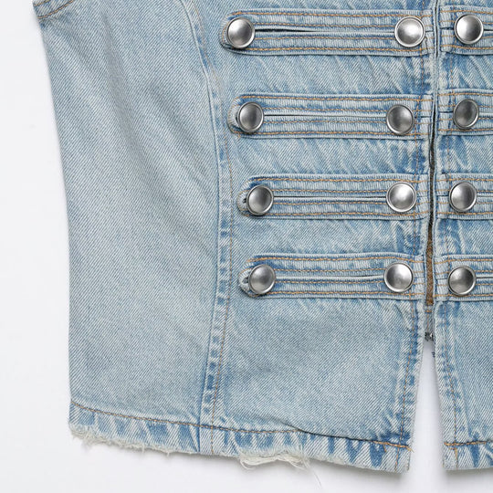 Damen Jeansweste im Military-Look mit Stehkragen und dekorativer Druckknopfleiste Nord Taschen
