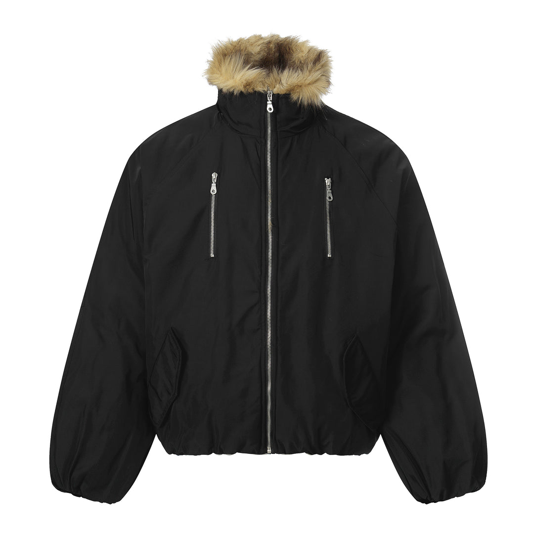 Herren Kurz geschnittener Boxy-Pufferjacke mit Kunstfellkapuze und vertikalen Reißverschlusstaschen Nord Taschen