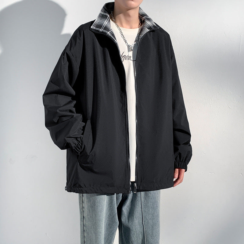 Herren Oversize‑Utility Übergangsjacke mit Reißverschluss und kontrastierendem Karo‑Innenkragen Nord Taschen