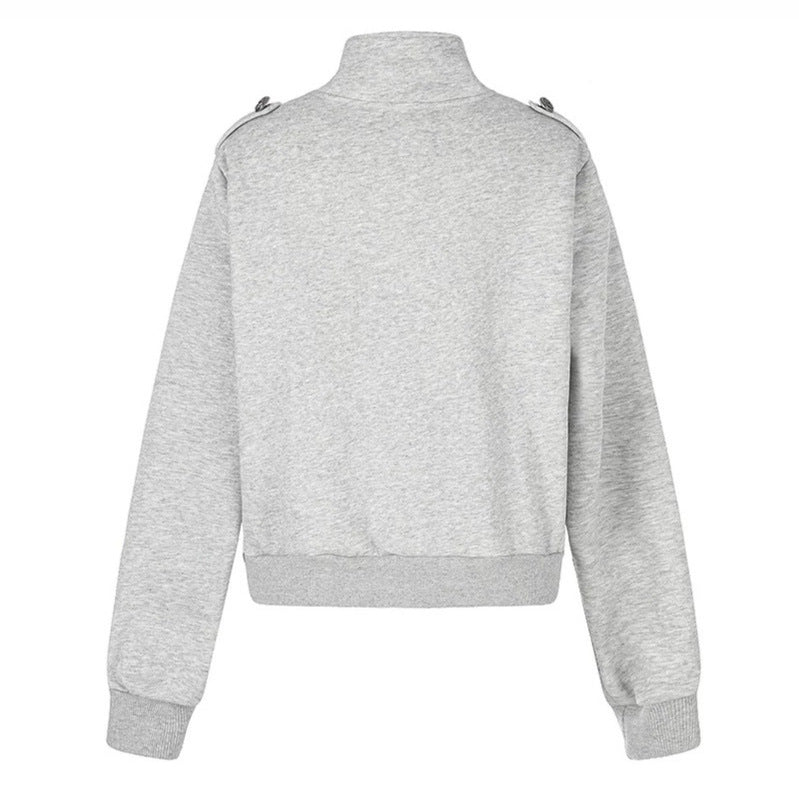 Damen kurze Sweatjacke mit Stehkragen, Doppelknopf-Detail und Reißverschluss Nord Taschen
