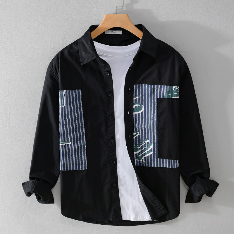 Herren Casual-Overshirt aus Baumwollpopeline mit gestreiften Patch-Einsätzen und Pinselprint Nord Taschen