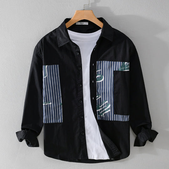 Herren Casual-Overshirt aus Baumwollpopeline mit gestreiften Patch-Einsätzen und Pinselprint Nord Taschen