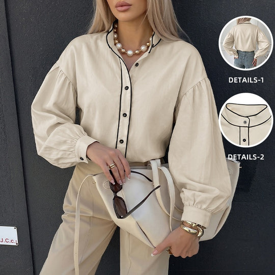 Damen Elegante Bluse mit Stehkragen und Puffärmeln Nord Taschen
