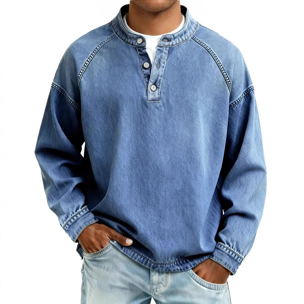 Herren Langarm-Henley Sweatshirt mit Stehkragen und Vintage-Denim-Effekt Nord Taschen