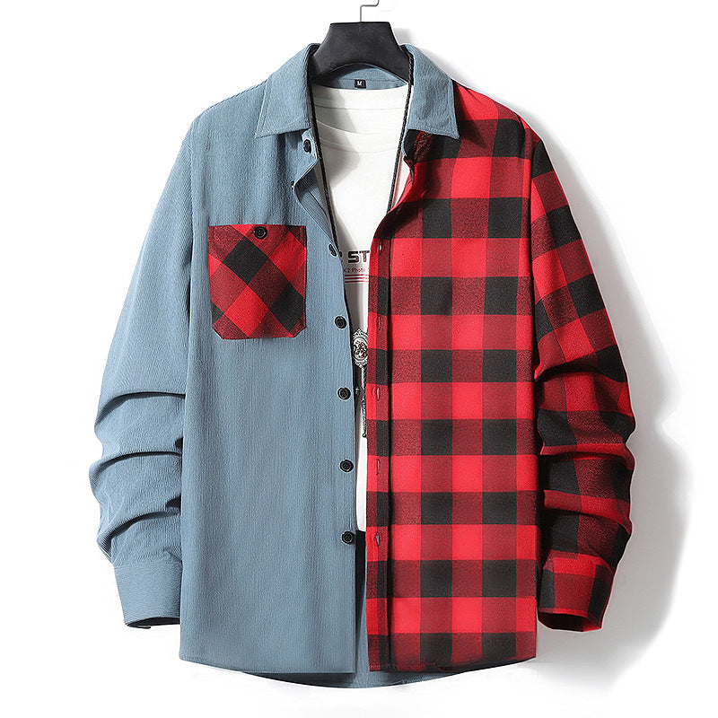Herren Halbgespaltenes Overshirt im Lumberjack-Karo mit kontrastierender Uni‑Seite, Brusttasche und durchgehender Knopfleiste Nord Taschen