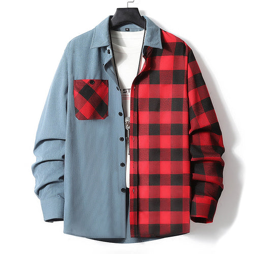 Herren Halbgespaltenes Overshirt im Lumberjack-Karo mit kontrastierender Uni‑Seite, Brusttasche und durchgehender Knopfleiste Nord Taschen