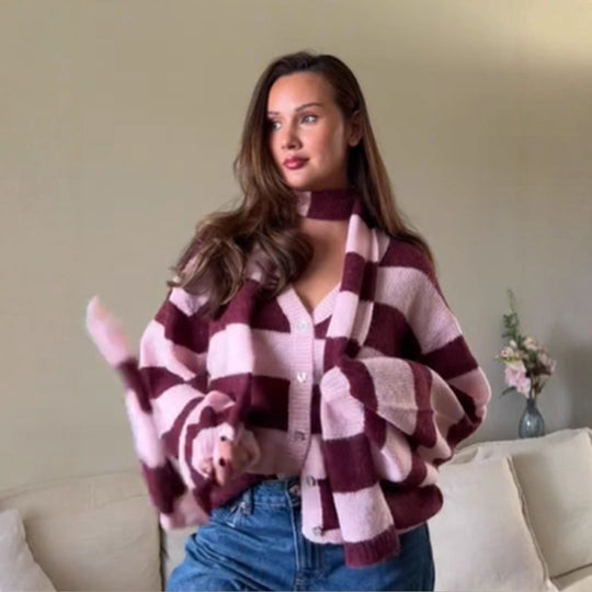 Damen Oversize Strickcardigan-Set mit Blockstreifen, Knopfleiste und passendem Schal Nord Taschen