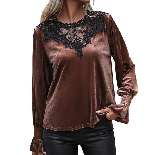 Damen Samtbluse mit Spitzen‑Yoke, gerafften Manschetten und elegantem Rundhalsausschnitt Nord Taschen
