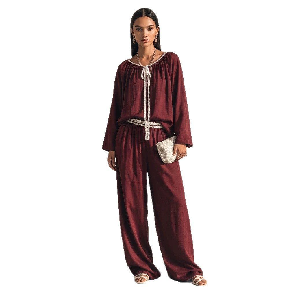 Damen Fließendes zweiteiliges Loungewear-Set aus Seidenoptik mit weiter Palazzohose und geraffter Tunika Nord Taschen
