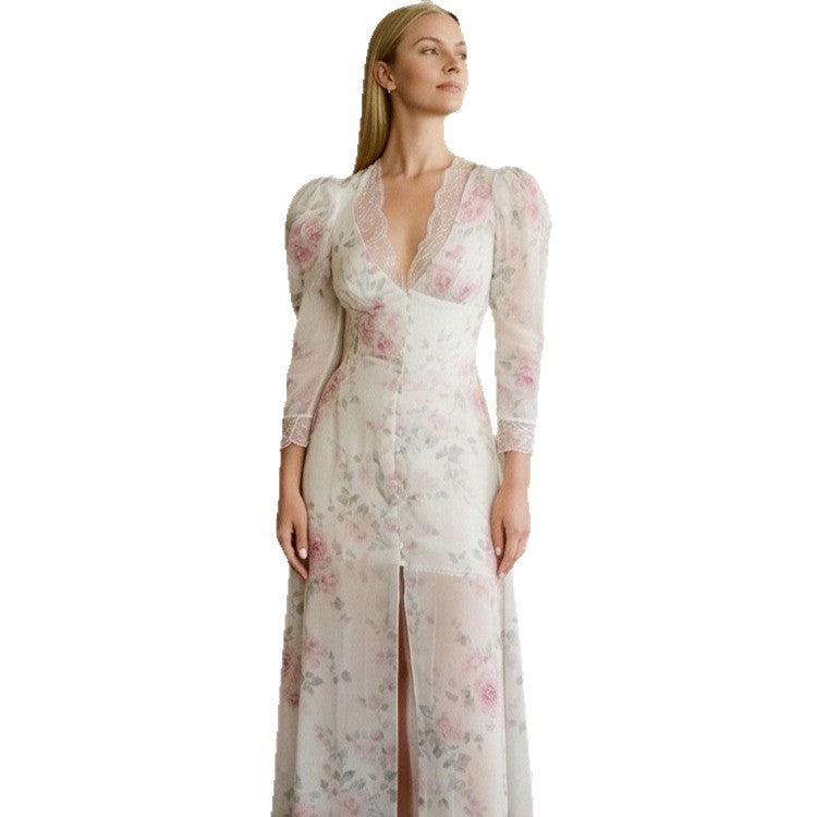 Damen Romantisches Chiffon-Maxikleid mit Spitzen‑V‑Ausschnitt, Puffärmeln und vorderem Schlitz Nord Taschen