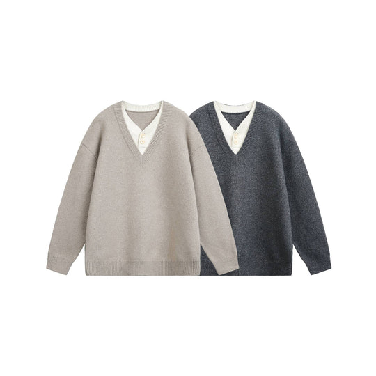 Damen Oversize V Neck Strickpullover mit Henley-Optik und gerippten Bündchen Nord Taschen