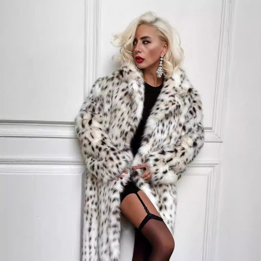 Damen langer Oversize Kunstpelzmantel mit Leopardenmuster und breitem Revers Nord Taschen