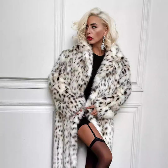 Damen langer Oversize Kunstpelzmantel mit Leopardenmuster und breitem Revers Nord Taschen