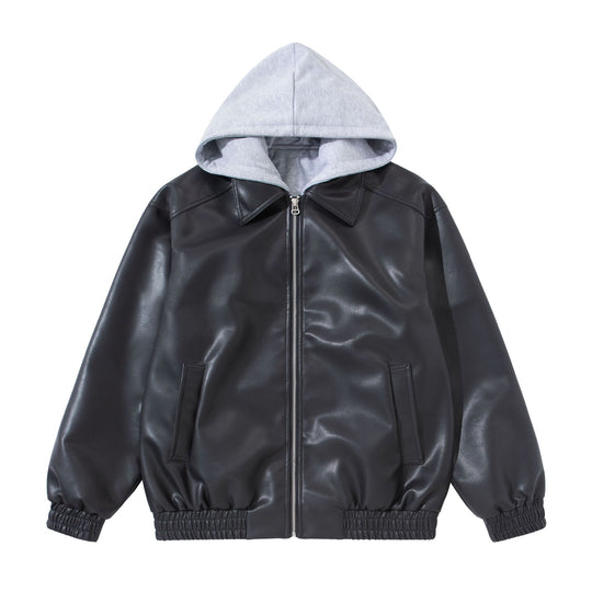 Herren Boxy-Lederblouson mit angenähter Jersey-Kapuze und geripptem Saum Nord Taschen