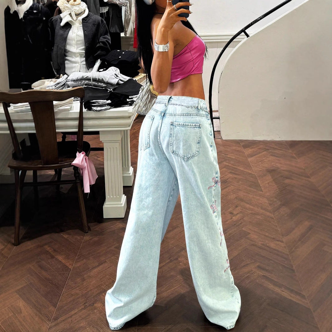 Damen weite High-Waist Denim-Jeanshose mit Spitzenband-Gürtel und ausgestelltem Bein Nord Taschen