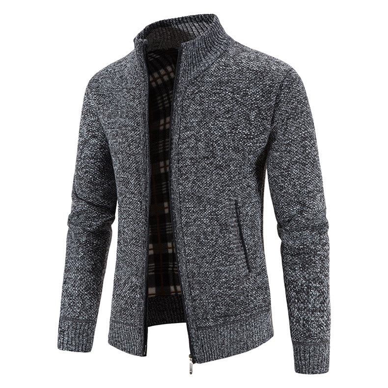 Herren Strickjacke mit durchgehendem Reißverschluss, Stehkragen und kariertem Futter Nord Taschen