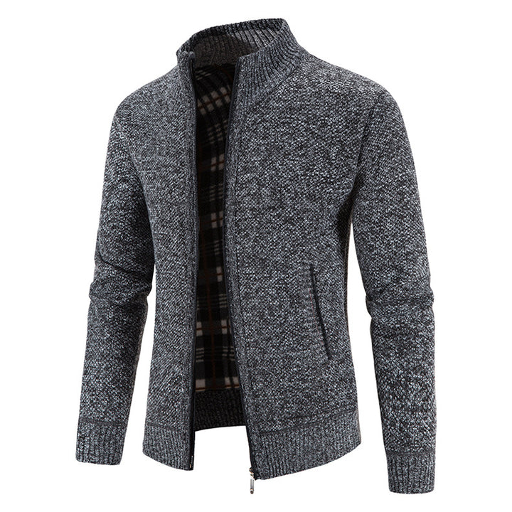 Herren Strickjacke mit durchgehendem Reißverschluss, Stehkragen und kariertem Futter Nord Taschen