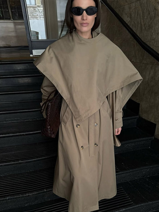 Damen Midilanger Trenchcoat mit ponchoartigem Cape-Überwurf & kastiger Silhouette Nord Taschen