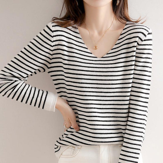 Damen Zarter Streifen-V‑Ausschnittpullover aus feinem Rippstrick mit weichem Fall Nord Taschen
