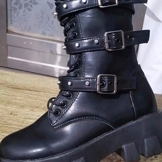 Damen Plateau-Bikerstiefel mit grober Profilsohle, Schnürung, Reißverschluss und verstellbaren Zierschnallen Nord Taschen