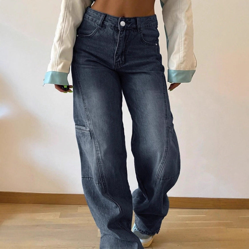 Damen High-Waist weite Cargo-Denimhose mit Nahtpaneelen und Baggy-Silhouette Nord Taschen