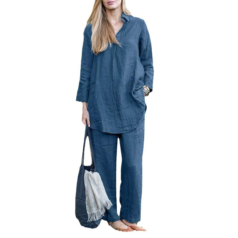 Damen Leinen-Loungewear-Set mit weitem Tunika-Hemd und lockerer Palazzo-Hose Nord Taschen