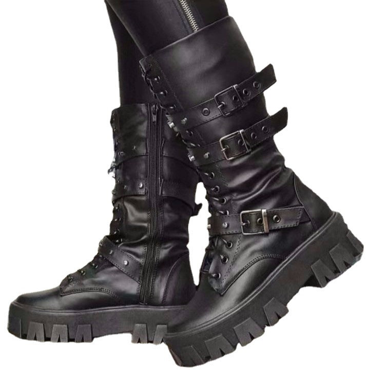 Damen Plateau-Bikerstiefel mit grober Profilsohle, Schnürung, Reißverschluss und verstellbaren Zierschnallen Nord Taschen