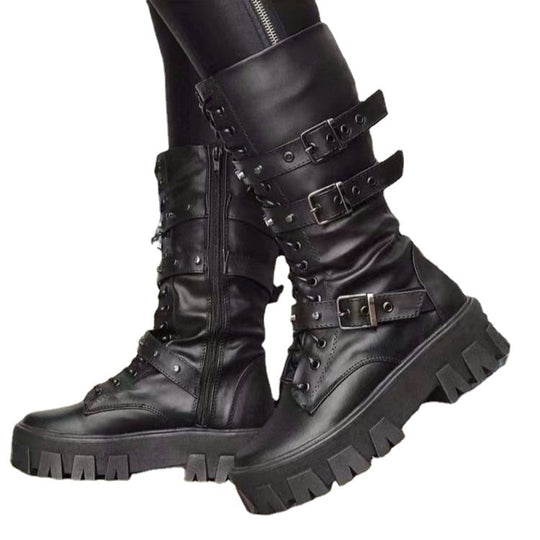 Damen Plateau-Bikerstiefel mit grober Profilsohle, Schnürung, Reißverschluss und verstellbaren Zierschnallen Nord Taschen