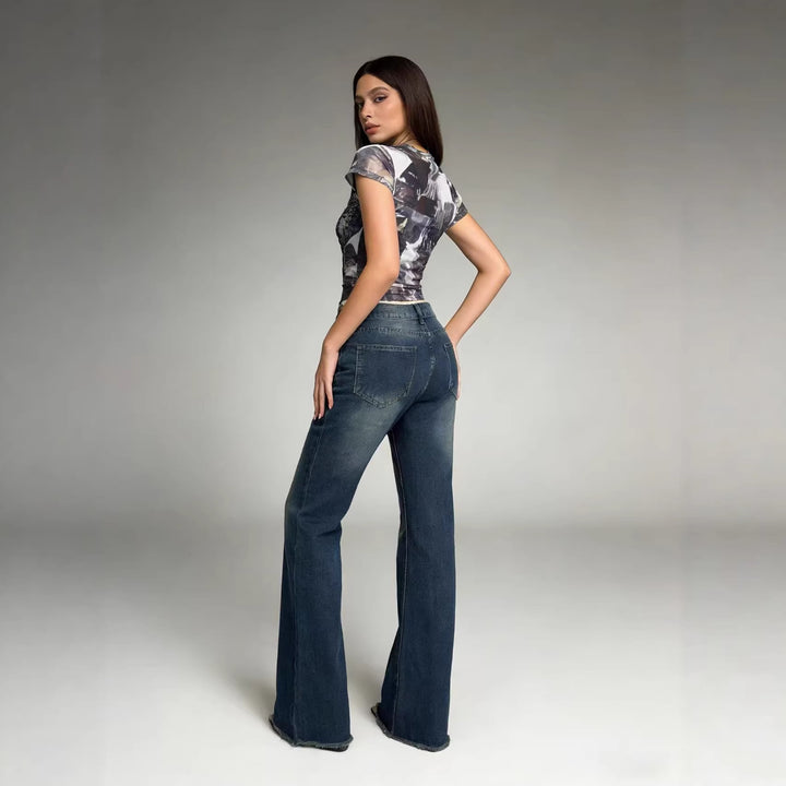 Damen hochgeschnittene Stretch-Flared-Jeans mit ausgefranstem Saum und taillierendem Five‑Pocket-Schnitt Nord Taschen