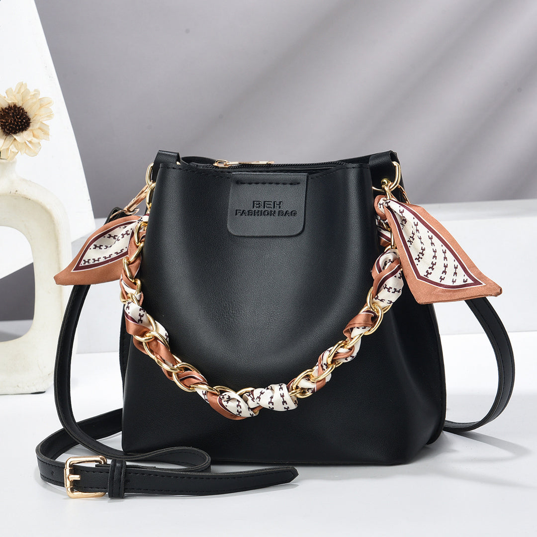 Damen Bucket-Handtasche mit modischer Kettenverzierung und abnehmbarem Schal Nord Taschen