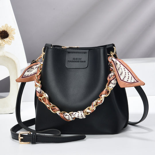 Damen Bucket-Handtasche mit modischer Kettenverzierung und abnehmbarem Schal Nord Taschen