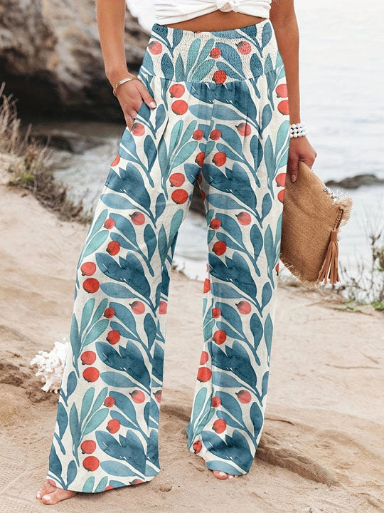 Damen Weit geschnittene Strandhose mit floralem Motiven und elastischem Bund