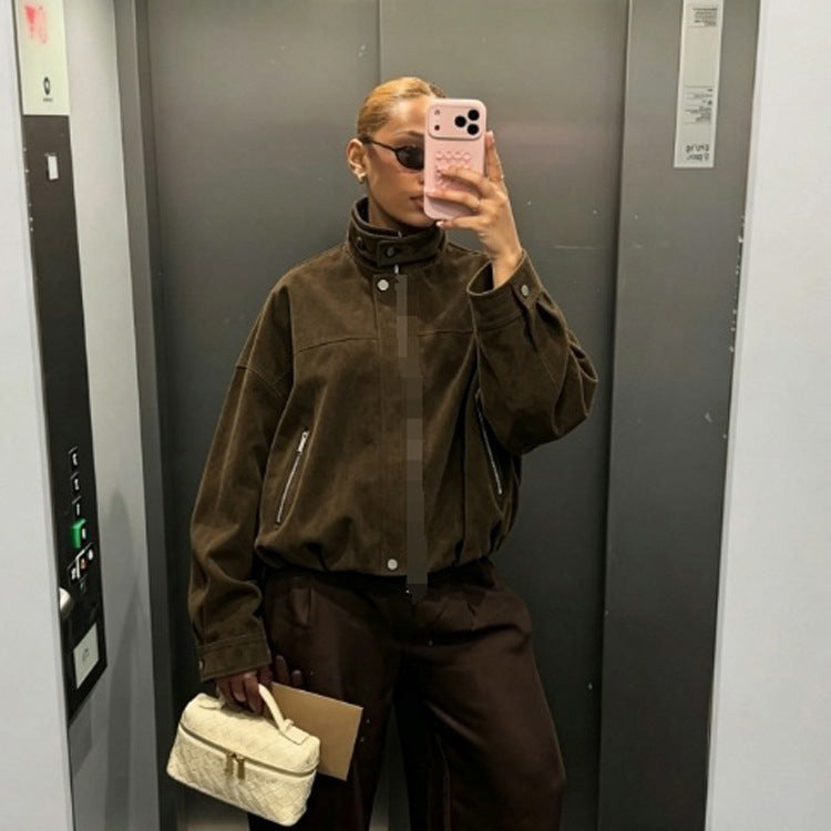Damen Boxy-Suede-Bomberjacke mit hohem Stehkragen und elastischem Saum Nord Taschen