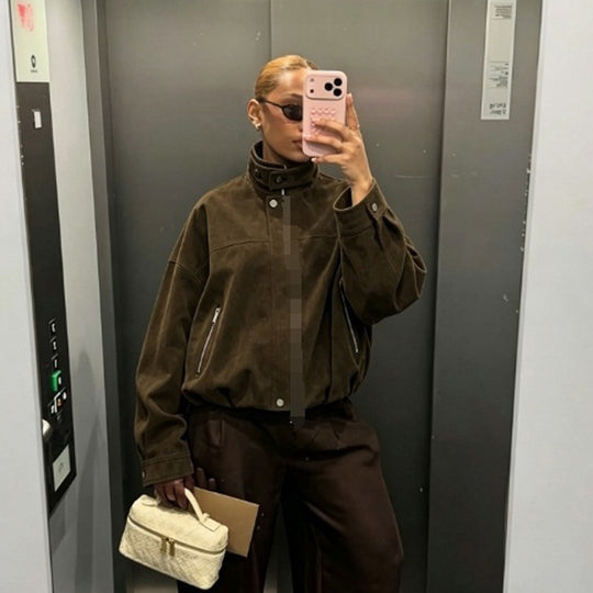 Damen Boxy-Suede-Bomberjacke mit hohem Stehkragen und elastischem Saum Nord Taschen