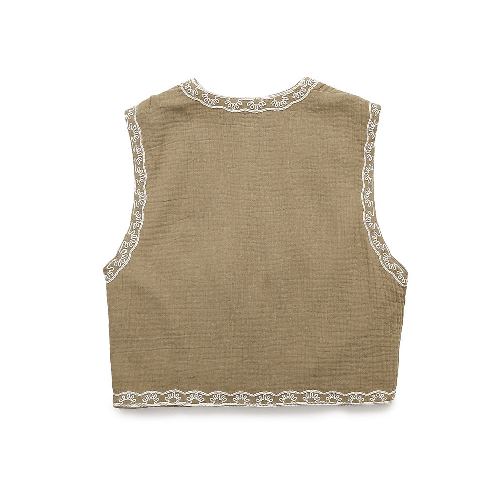 Damen Ärmellose Leinenweste mit floraler Reliefstickerei und offener Front Nord Taschen