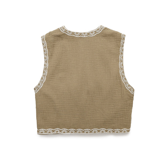 Damen Ärmellose Leinenweste mit floraler Reliefstickerei und offener Front Nord Taschen
