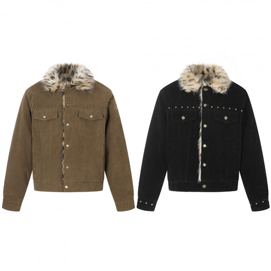 Herren Kurzjacke aus Velourslederimitat mit Kunstfellkragen und Nieten-Details Nord Taschen