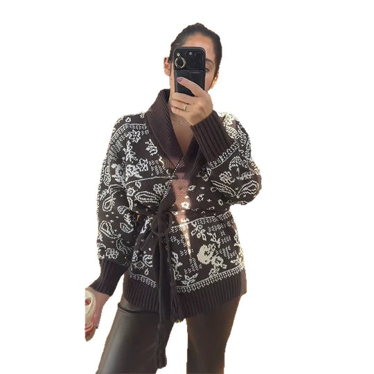 Damen Strickcardigan mit Schalkragen, Fair-Isle-Muster und Bindegürtel Nord Taschen