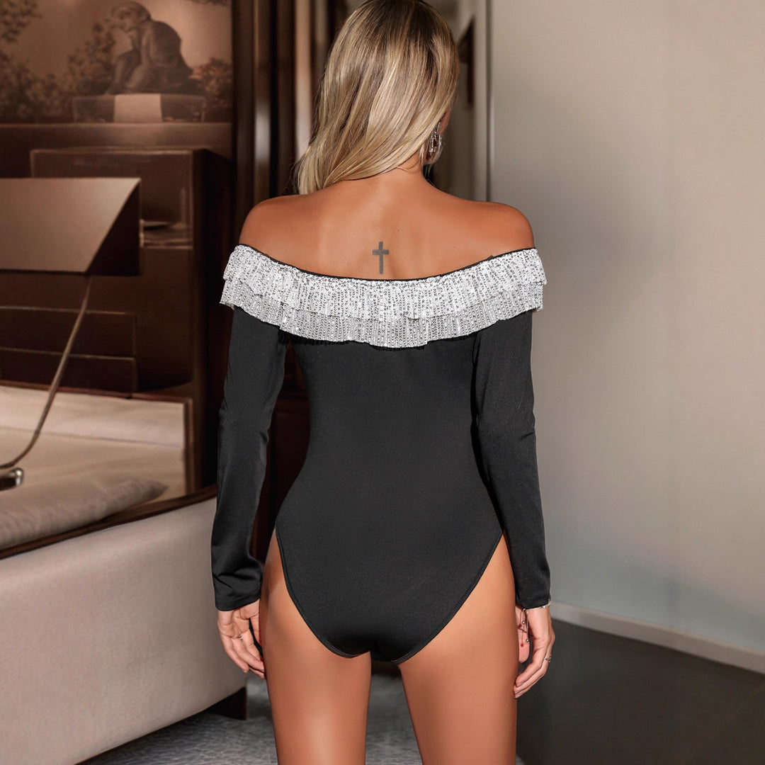 Damen Schulterfreier Bodysuit mit Pailletten-Volant und Langarm Nord Taschen