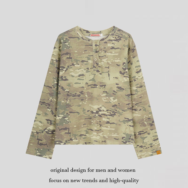 Damen Langarm-Henleyshirt im Waffelstrick mit Militär-Camouflage-Print und Knopfleiste Nord Taschen
